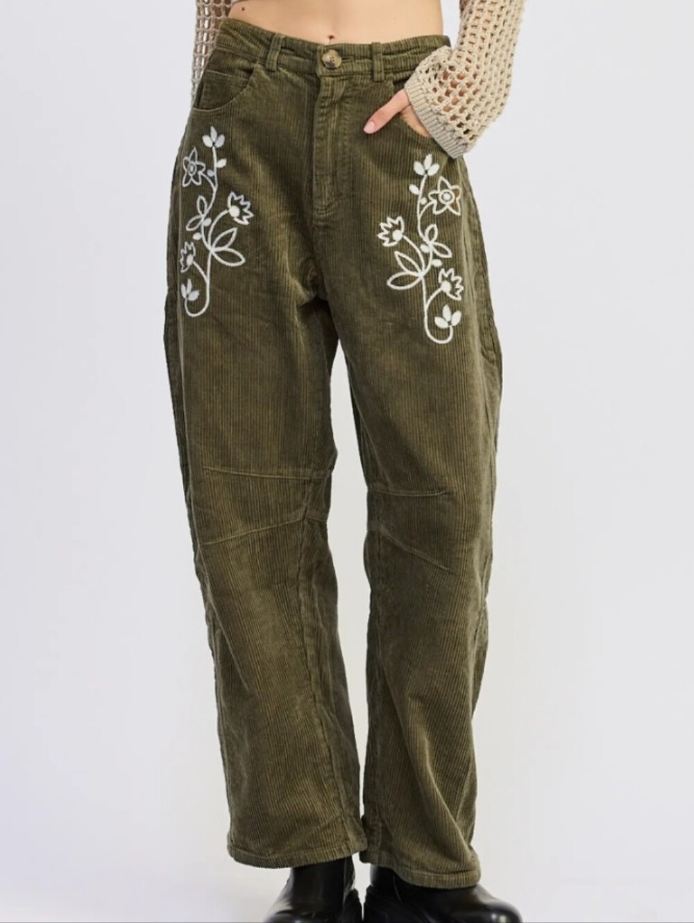 Jacquie the Label Sylvie Embroidered Barrel Leg Corduroy Pants Size XS New